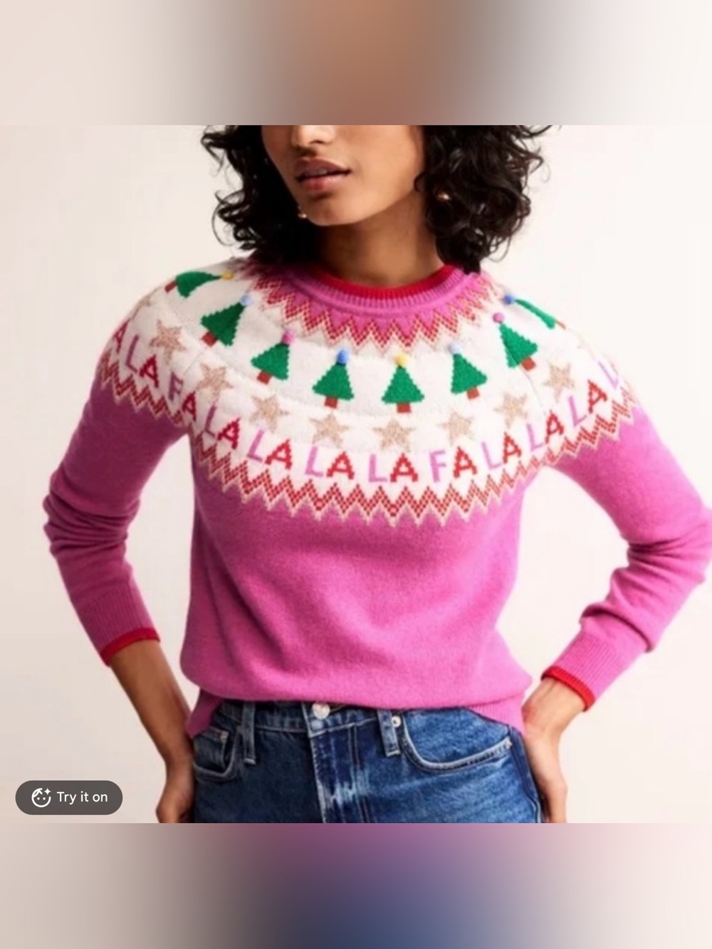NWT Boden Pink Fair Isle Crewneck FA LA LA Sweater with Green Tree Motif